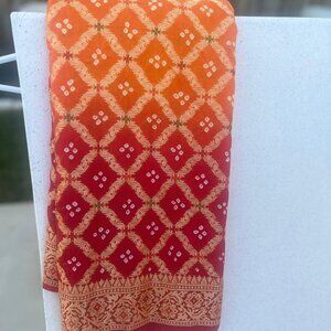 Red Orange Ombre Bandhani Saree with Zari Border | Indian Wedding Saree